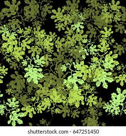 Vector Summer Floral Texture Isolated on Black Background. Seamless Different Leaves Pattern