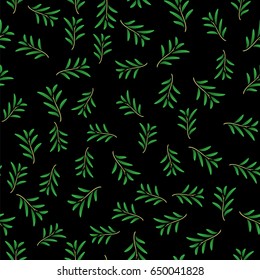 Vector Summer Floral Texture Isolated on Black Background. Seamless Random Leaves Pattern