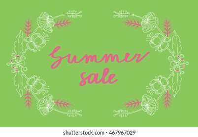 Vector summer flourish frame. Illustration of exotic outline flowers, branches, leaves. Text summer sale inside.