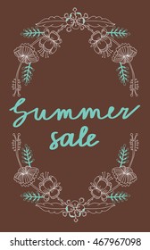 Vector summer flourish frame. Illustration of exotic outline flowers, branches, leaves. Text summer sale inside.
