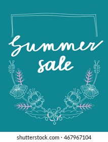 Vector summer flourish frame. Illustration of exotic outline flowers, branches, leaves. Text summer sale inside.