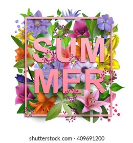 Vector summer flowers background. With an inscription summer.Composition of the delicious summer flowers for design of postcards, brochures, banners, flyers, on a plain surface, isolated 
