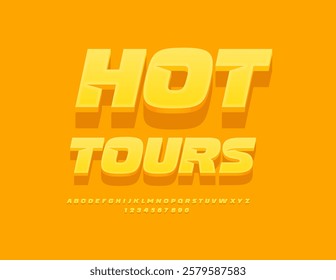 Vector Summer flyer Hot Tours. Yellow Sunny style Font. Unique 3D Alphabet Letters and Numbers set.