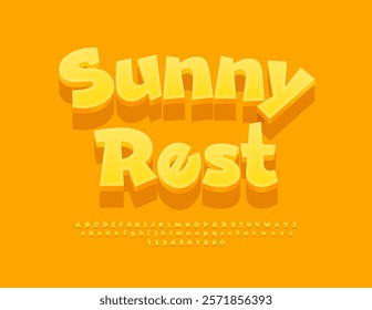 Vector summer flyer Sunny Rest. Comic Yellow Font. Cartoon style Alphabet Letters and Numbers set.