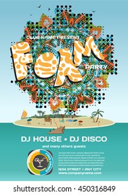 Vector summer foam party invitation beach style. Day, crowd women in bikinis. Posters or flyers. Template flat cartoon illustration. 