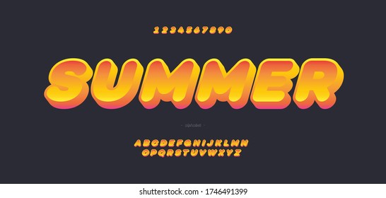 Vector summer font 3d bold color style modern typography for decoration, logo, poster, t shirt, book, card, sale banner, printing on fabric, industrial. Cool typeface. Trendy fun alphabet. 10 eps