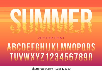 Vector summer font made of sun light reflection in the sea. Latin alphabet from A to Z and numbers from 0 to 9 in sunset beach style.