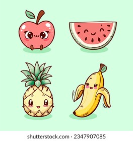 Vector summer food set. drawing cartoon style. banana, apple, watermelon and pineapple