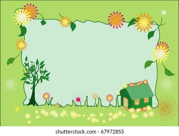Vector summer frame with coloured flowers on house and all over the frame and green leaves