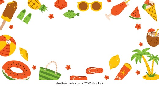 Vector summer frame with copy space. Background with palm tree, ice cream, sunglasses, lemon, cocktail, coconut, watermelon. Happy tropical illustration for beach party. Summer template for text.