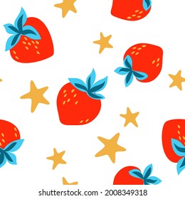 vector summer fresh red strawberry gold yellow star seamless pattern on white background