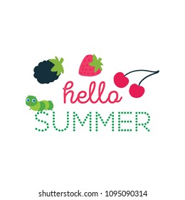 Vector Summer Fruit berries in cartoon style. Caterpillar and berries. 
Sweet backdrop