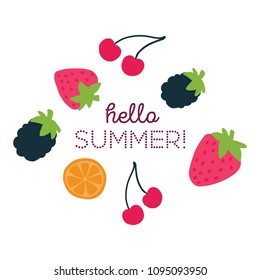 Vector Summer Fruit Concept in cartoon style. Fruit and berries. Sweet backdrop
