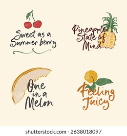 Vector summer fruit lettering illustration of juicy fruits. Hand-drawn garden harvest sketch. Organic farm graphics. Tasty food for design, veggie market drawing print, fabric or background.
