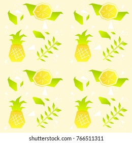 vector of summer fruit seamless pattern.Illustration of fruits:lemon,pineapple and green leaf.Template for design.summer theme.