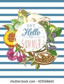 Vector summer fruits. Healthy lifestyle illustration for print, web. Circle design element