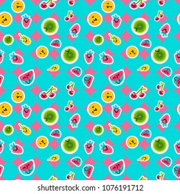 Vector Summer Fruits Patterns in cartoon style. Fruits and berries. Sweet backdrop