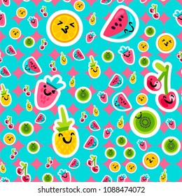 Vector Summer Fruits Patterns in cartoon style. Fruits and berries. Sweet backdrop