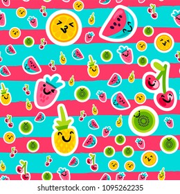 Vector Summer Fruits Patterns in cartoon style. Fruits and berries with blue and pink stripes. Sweet backdrop