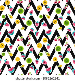 Vector Summer Fruits Patterns in cartoon style. Fruits and berries with blac and white stripes. Sweet backdrop