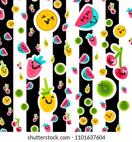 Vector Summer Fruits Patterns in cartoon style. Fruits and berries. Sweet backdrop