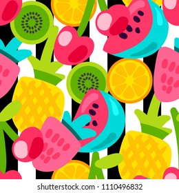 Vector Summer Fruits Patterns in cartoon style. Fruits and berries. Sweet backdrop