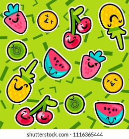 Vector Summer Fruits Patterns in cartoon style. Fruits and berries. Sweet backdrop