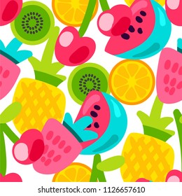 Vector Summer Fruits Patterns in cartoon style. Fruits and berries. Sweet backdrop