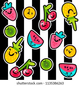 Vector Summer Fruits Patterns in cartoon style. Fruits and berries. Sweet backdrop