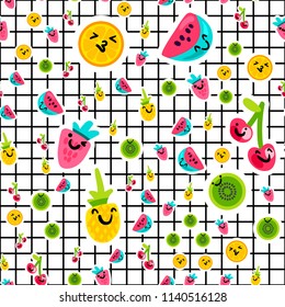 Vector Summer Fruits Patterns in cartoon style. Fruits and berries. Sweet backdrop