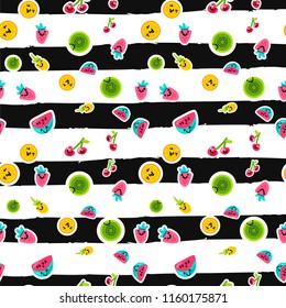 Vector Summer Fruits Patterns in cartoon style. Fruits and berries. Sweet backdrop