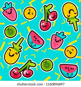 Vector Summer Fruits Patterns in cartoon style. Fruits and berries. Sweet backdrop