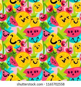 Vector Summer Fruits Patterns in cartoon style. Fruits and berries. Sweet backdrop