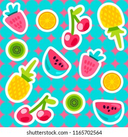 Vector Summer Fruits Patterns in cartoon style. Fruits and berries. Sweet backdrop