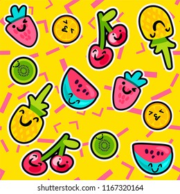 Vector Summer Fruits Patterns in cartoon style. Fruits and berries. Sweet backdrop