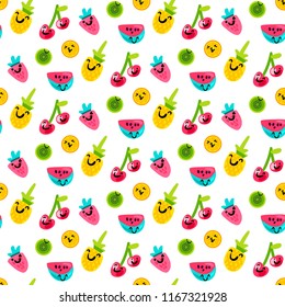 Vector Summer Fruits Patterns in cartoon style. Fruits and berries. Sweet backdrop