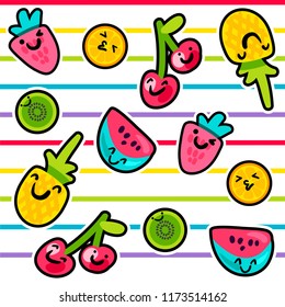 Vector Summer Fruits Patterns in cartoon style. Fruits and berries. Sweet backdrop