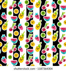 Vector Summer Fruits Patterns in cartoon style. Fruits and berries. Sweet backdrop