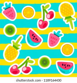 Vector Summer Fruits Patterns in cartoon style. Fruits and berries. Sweet backdrop