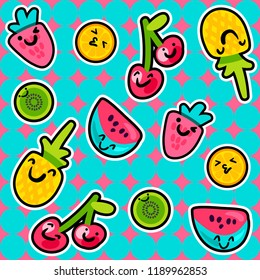 Vector Summer Fruits Patterns in cartoon style. Fruits and berries. Sweet backdrop