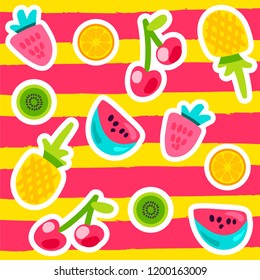 Vector Summer Fruits Patterns in cartoon style. Fruits and berries. Sweet backdrop