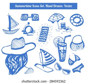 Vector summer fun sings set. Hand drawn marker summertime icons for your design.