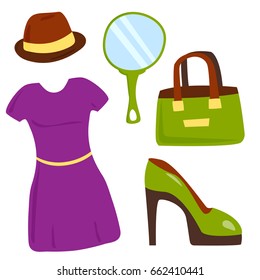 Vector summer girl clothing and accessories isolated shopping items and beautiful cloth.