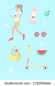Vector summer girl set: runnung girl, balm, sunglasses, scooter. Stickers, postcard, prints