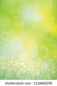 Verano vectorial, verde, fondo natural. Flores y plantas en un fondo verde, bokeh.