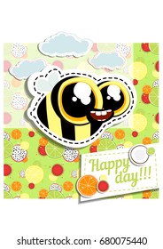 Vector summer greeting card. Clipart. Elements for scrapbooking, design, postcard... Seamless background for design, scrapbooking, greeting cards, envelopes... Ripe fresh fruit, slices.
