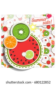 Vector summer greeting card. Clipart. Elements for scrapbooking, design, postcard... Seamless background for design, scrapbooking, greeting cards, envelopes... Ripe fresh fruit, slices.