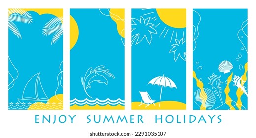 Vector Summer Greeting Card Template Set With Beach, Ocean, Blue Sky, And text Space Isolated On A White Background.