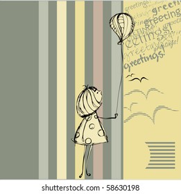 vector summer greeting design with illustrated little girl with balloon | eps8