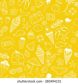Vector summer hand drawn background with travel elements. Doodle sun, shorts, swimsuit, sea, basketball, starfish, glasses, watermelon, banana, candy